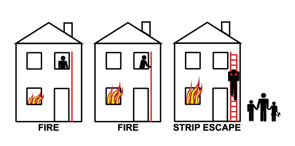 house on fire, escape ladder in use